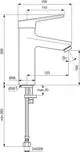 Einhand-Armatur von Ideal Standard mit seitlichem Hebel und Auslauf. Abmessungen und Anschlussmöglichkeiten sind im technischen Zeichnungsformat dargestellt.
